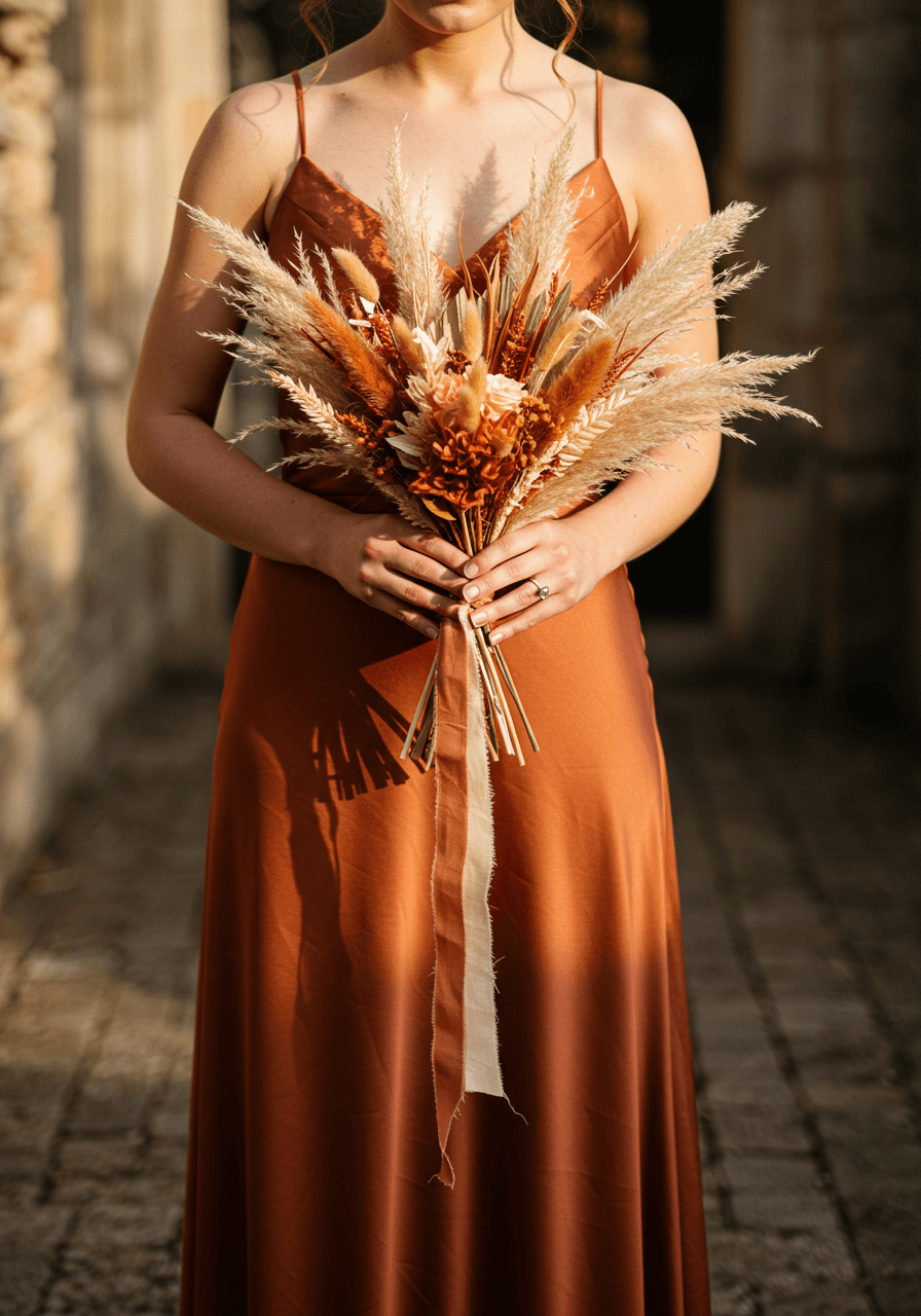 Close-up of bridesmaid adjusting terracotta dried grass bouquet whilst wearing matching silk shantung gown in golden light