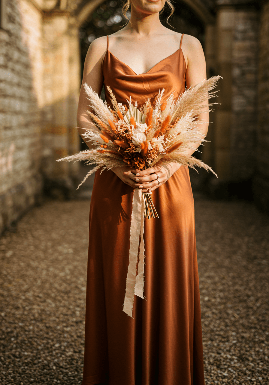 Bridesmaid in terracotta silk shantung dress holding dried pampas and wheat grass bouquet in sun-drenched garden courtyard