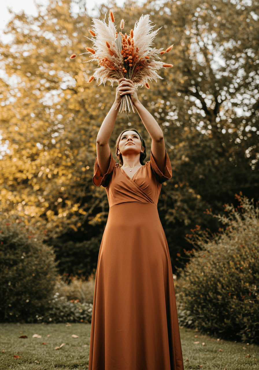 Low angle full body shot of bridesmaid holding terracotta dried grass bouquet showing fabric drape and movement