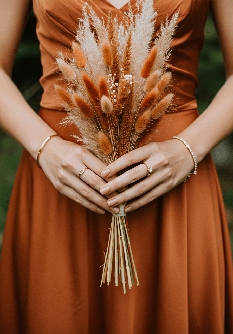 Macro detail of hands with gold jewellery holding dried fountain grass bouquet against terracotta silk shantung fabric