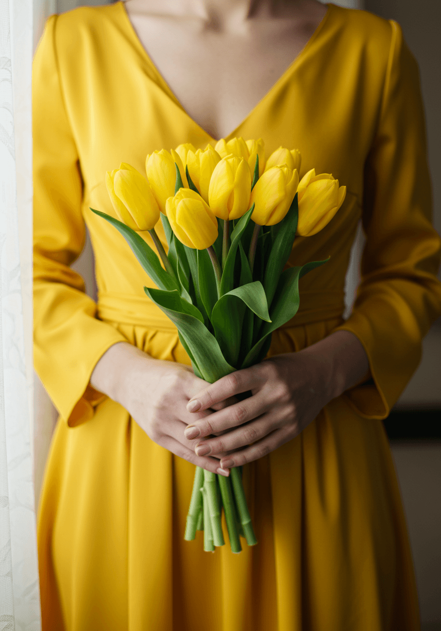 Macro close-up of hands in yellow silk mikado sleeves holding compact canary yellow tulip bouquet against dress fabric in natural light