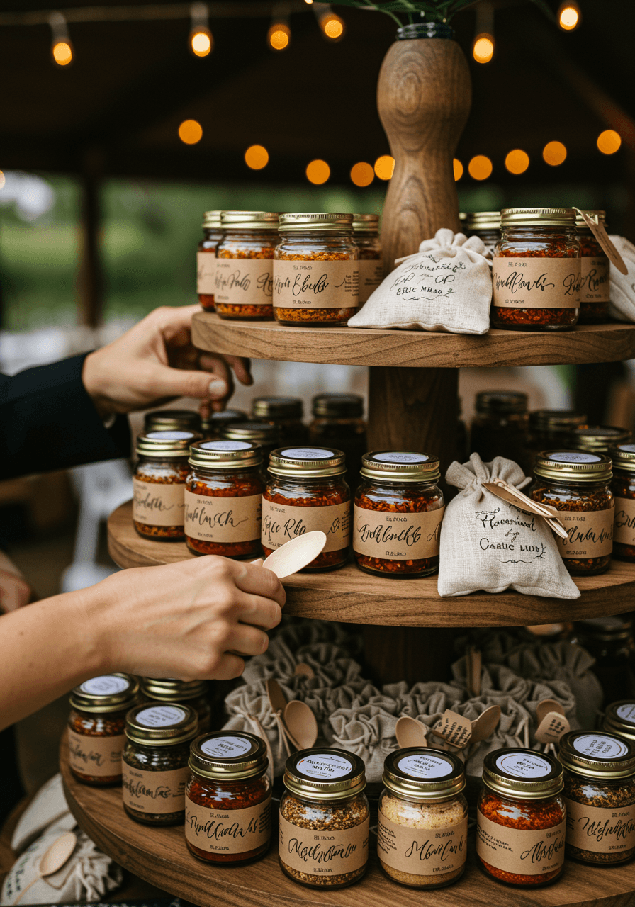 Hands selecting from variety of artisanal BBQ sauces and spices