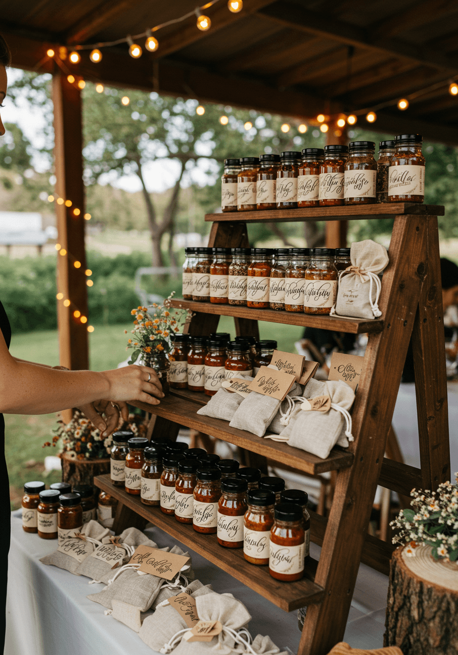 Wide view of elegant favour display with multiple BBQ products