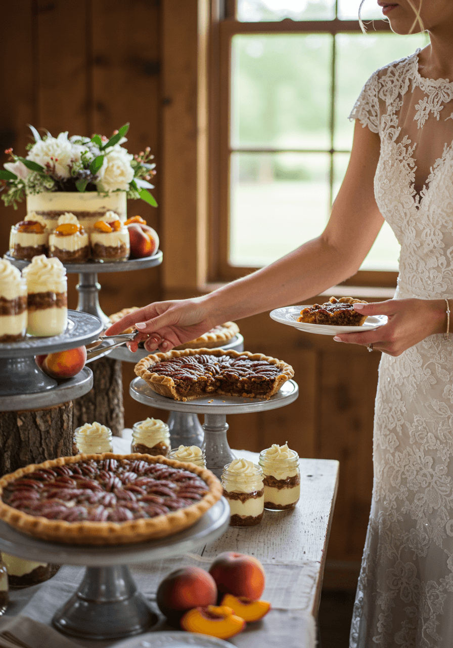 Bride selecting from array of Southern desserts at rustic barn reception