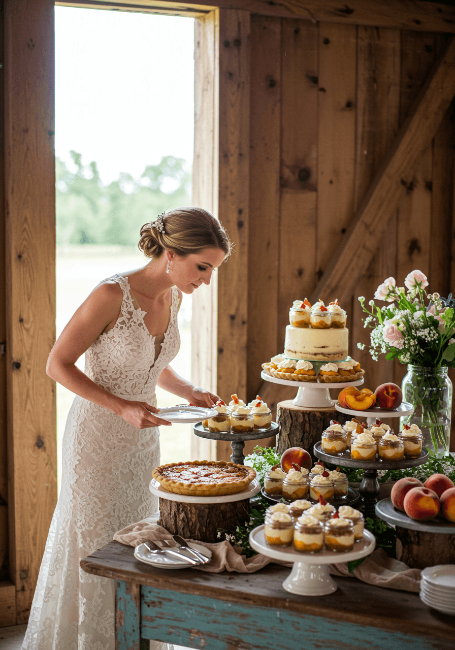Wide shot of bride at elaborate Southern dessert display