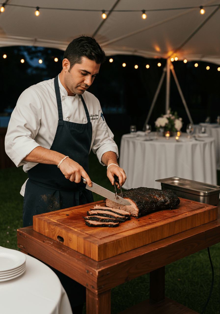 Professional chef expertly carving smoked brisket at outdoor wedding station