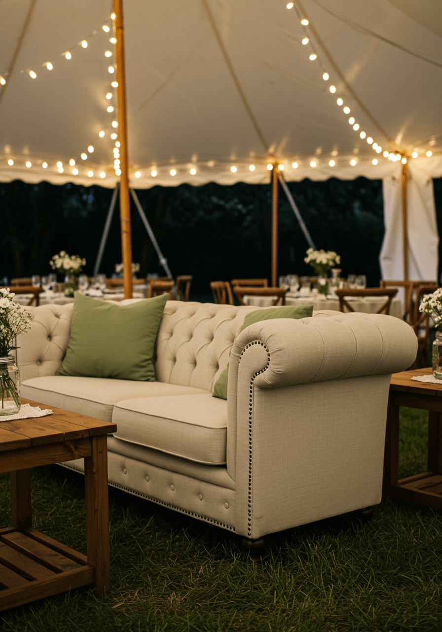 Chesterfield sofa arrangement under elegant tent with natural lighting