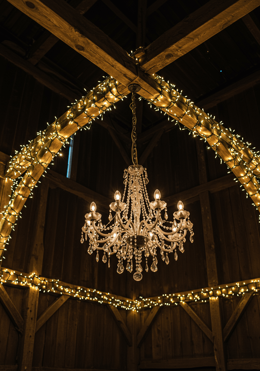 Wide view of multiple chandeliers creating magical barn atmosphere