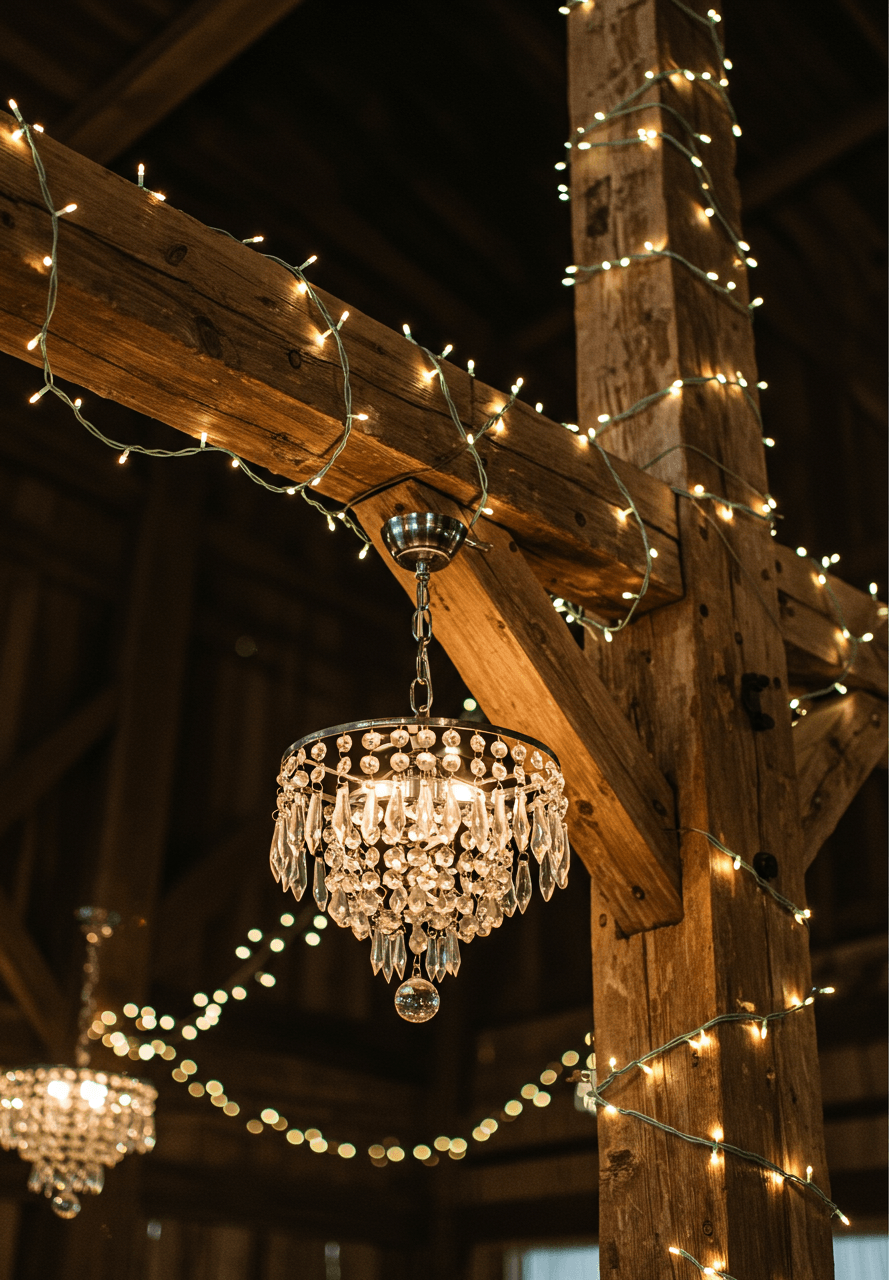 Crystal chandelier detail suspended from rustic barn beam during twilight