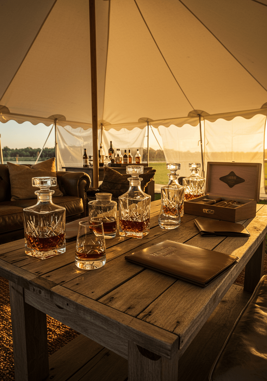 Wide view of luxurious tent lounge with whiskey tasting setup