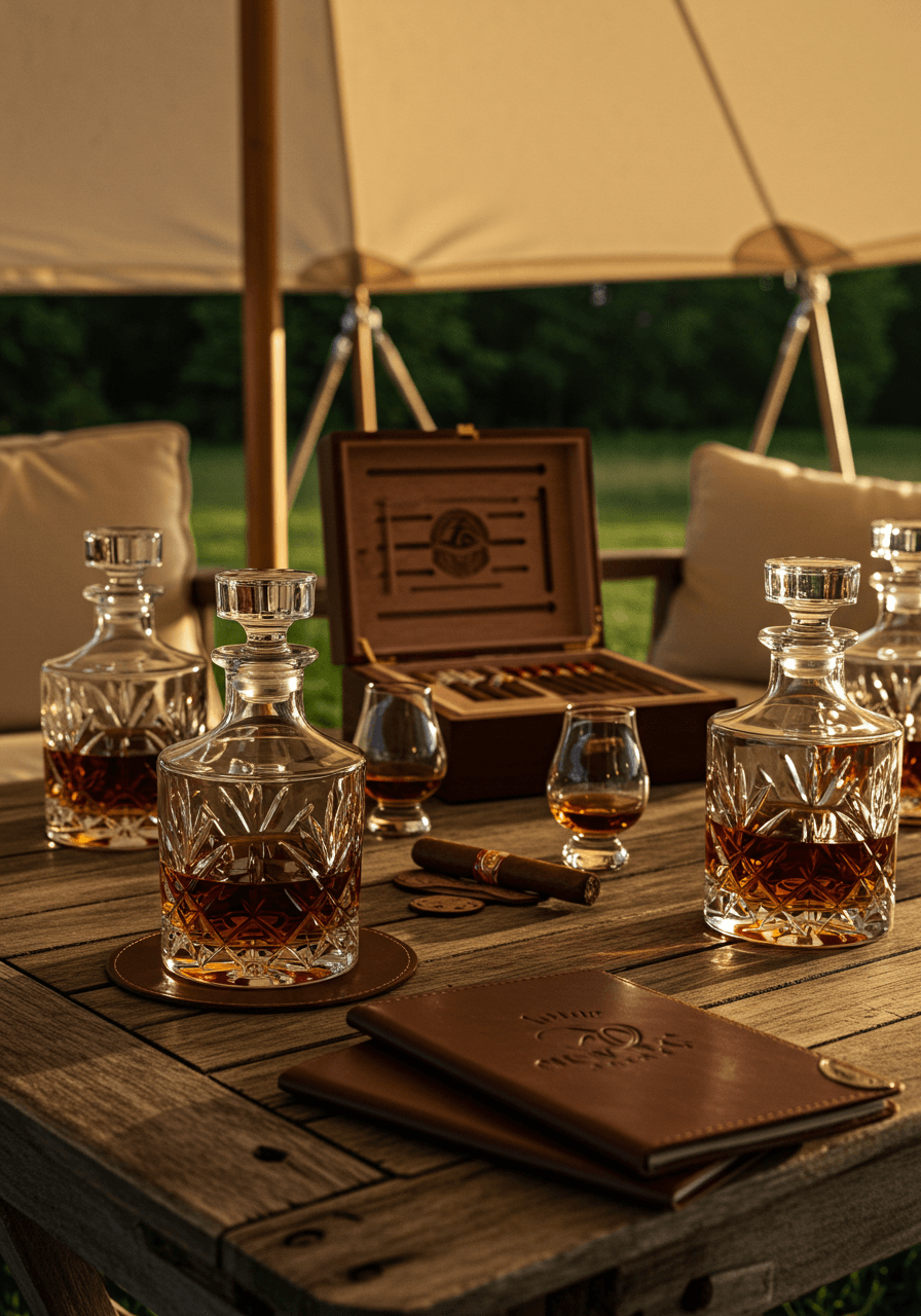 Ornate whiskey and cigar setup under elegant tent during golden hour