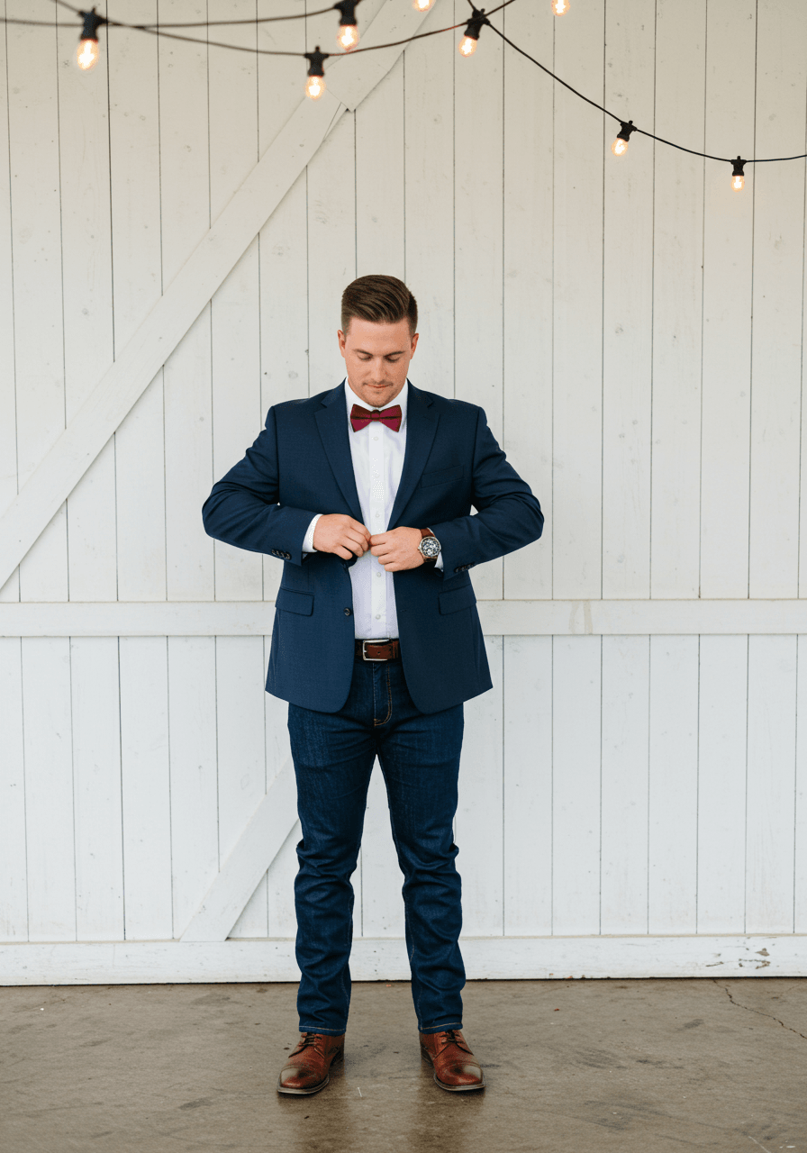Groomsman in navy suit with subtle denim styling at country barn venue