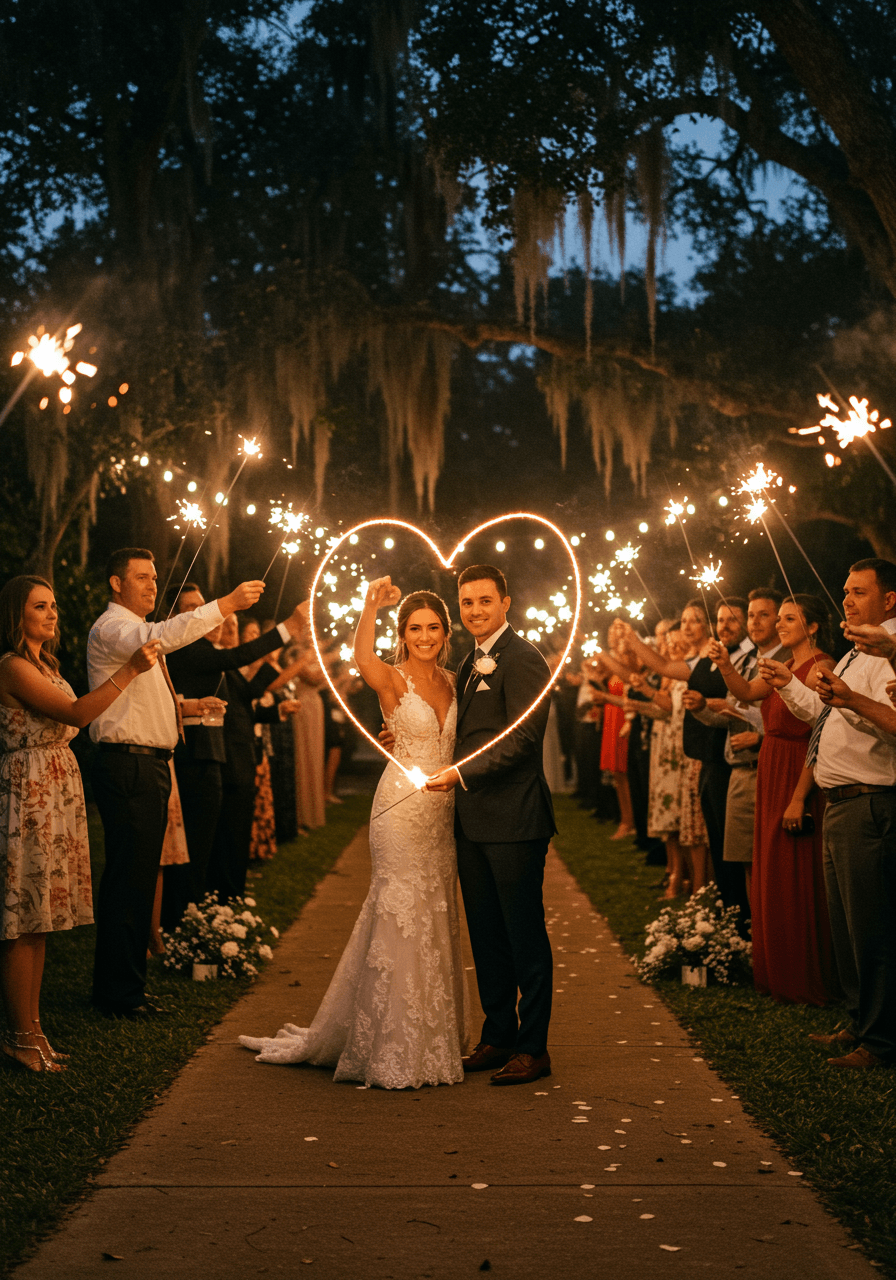 Newlyweds passing through heart-shaped sparkler tunnel in garden setting