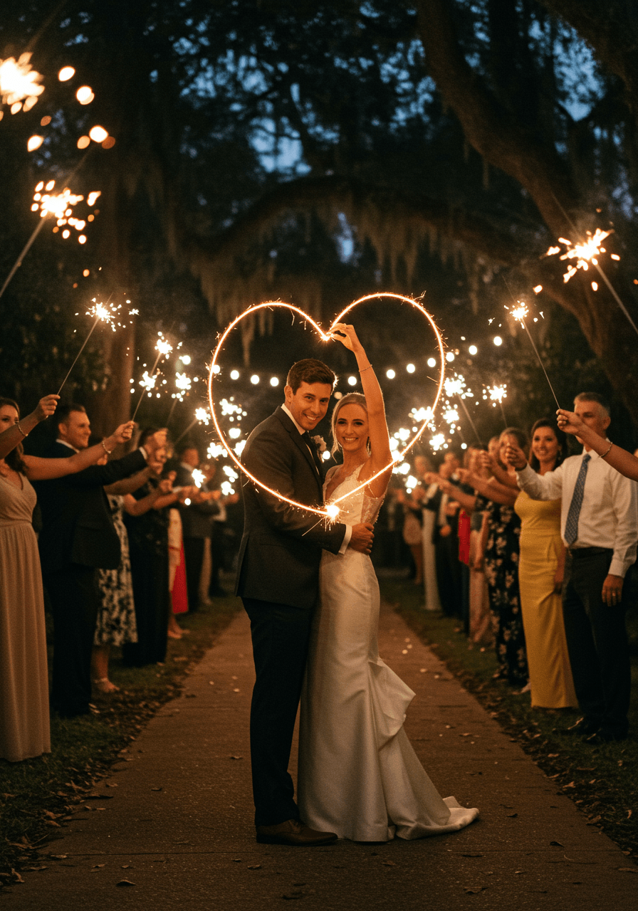 Close-up of hands holding sparklers during romantic wedding exit