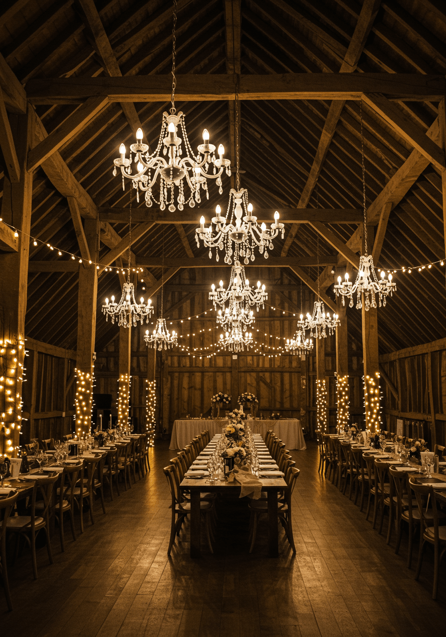 Rustic barn reception decorated with crystal chandeliers and ambient lighting