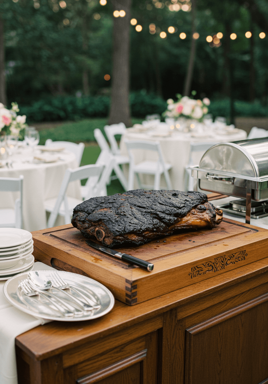 Ornate brisket carving station setup in elegant Southern garden setting