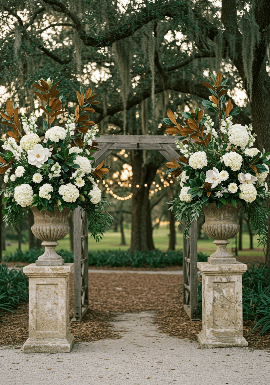 Grand floral urns creating elegant entrance during golden hour lighting