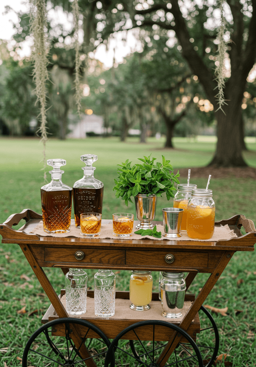 Ornate vintage bar cart positioned beneath sprawling oak trees