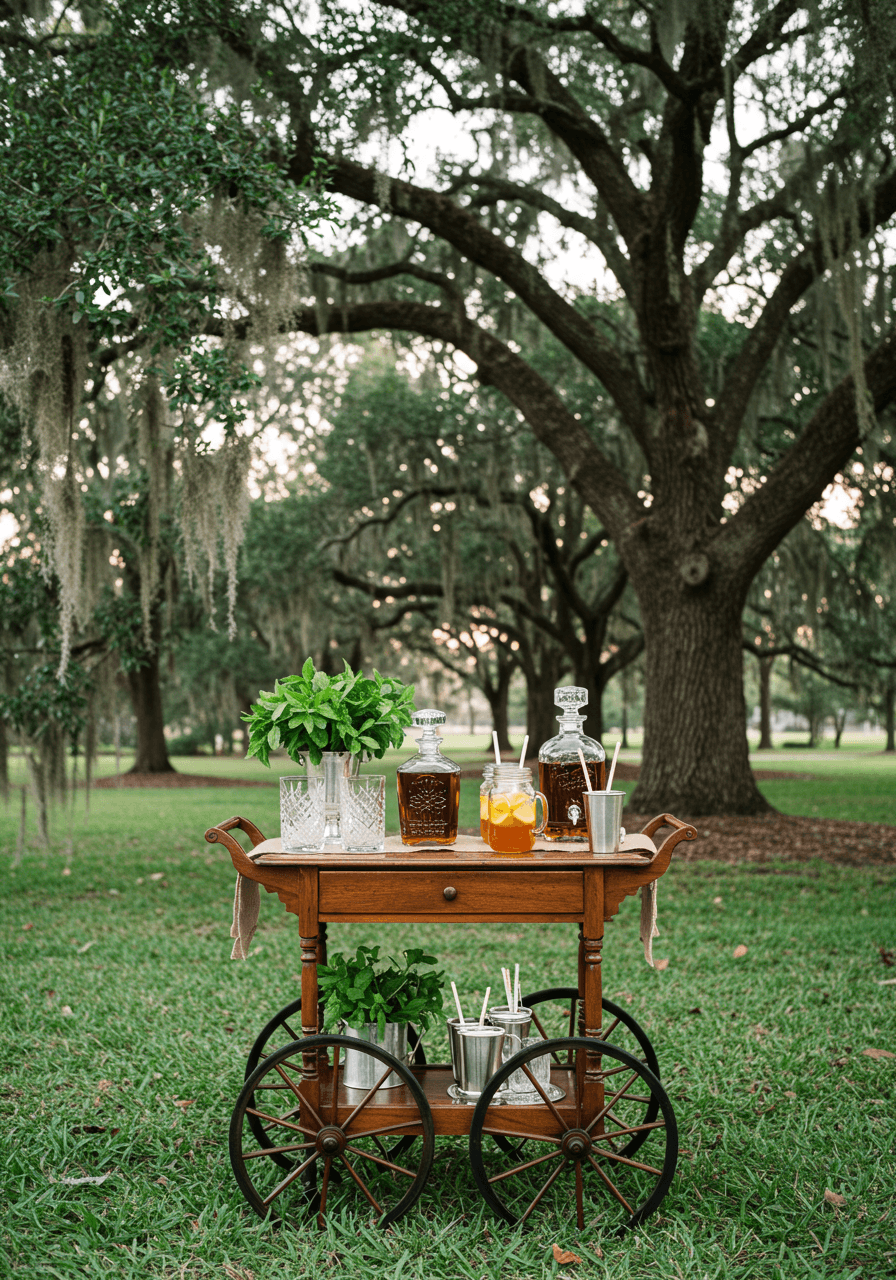 Wide-angle view of elegant bar cart setup in garden setting