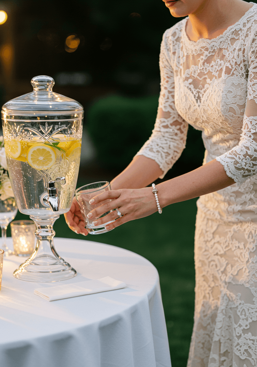 Bride enjoying infused water at elegant outdoor beverage station