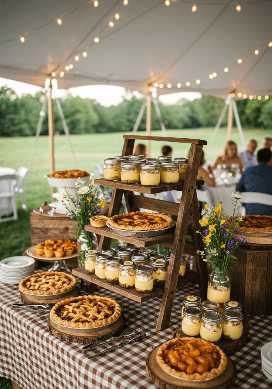 Tiered dessert table displaying elegant Southern pies and pastries
