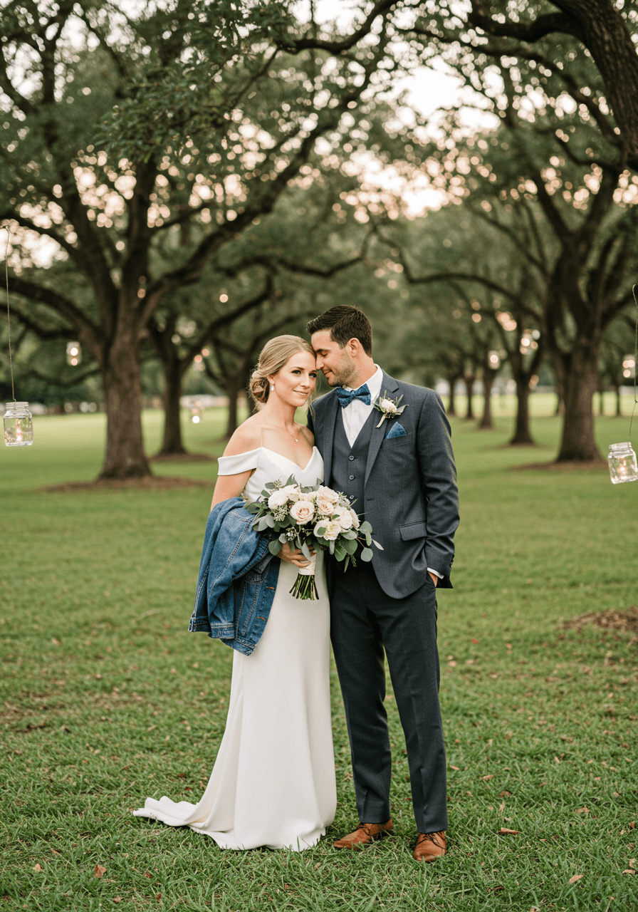 Elegant couple walking among oak trees during golden hour wedding photography
