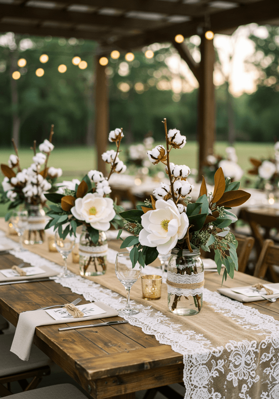 Elegant table setting featuring cotton and magnolia centerpiece arrangements