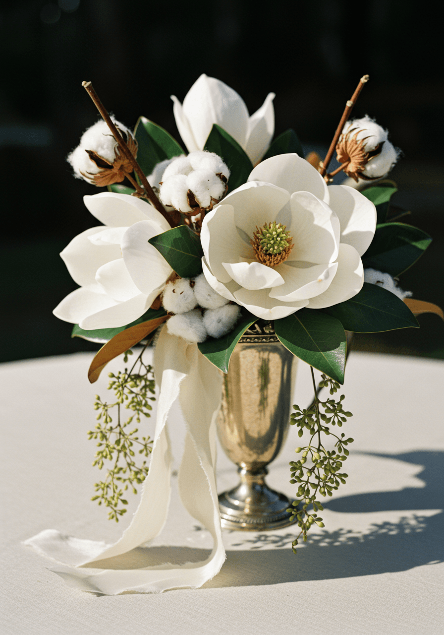 Close-up of cotton and greenery arrangement in silver julep cup