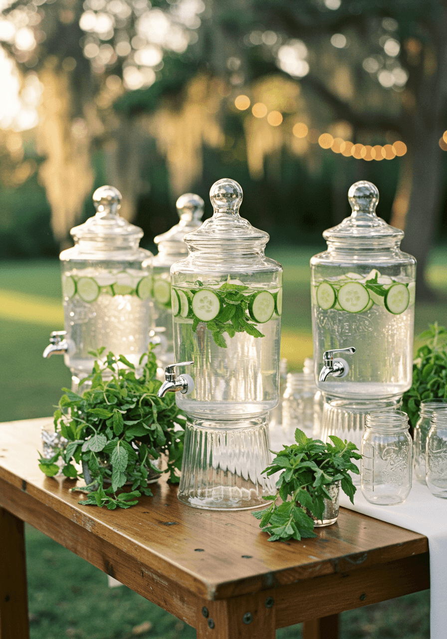 Crystal water dispensers with fresh fruit infusions in garden setting