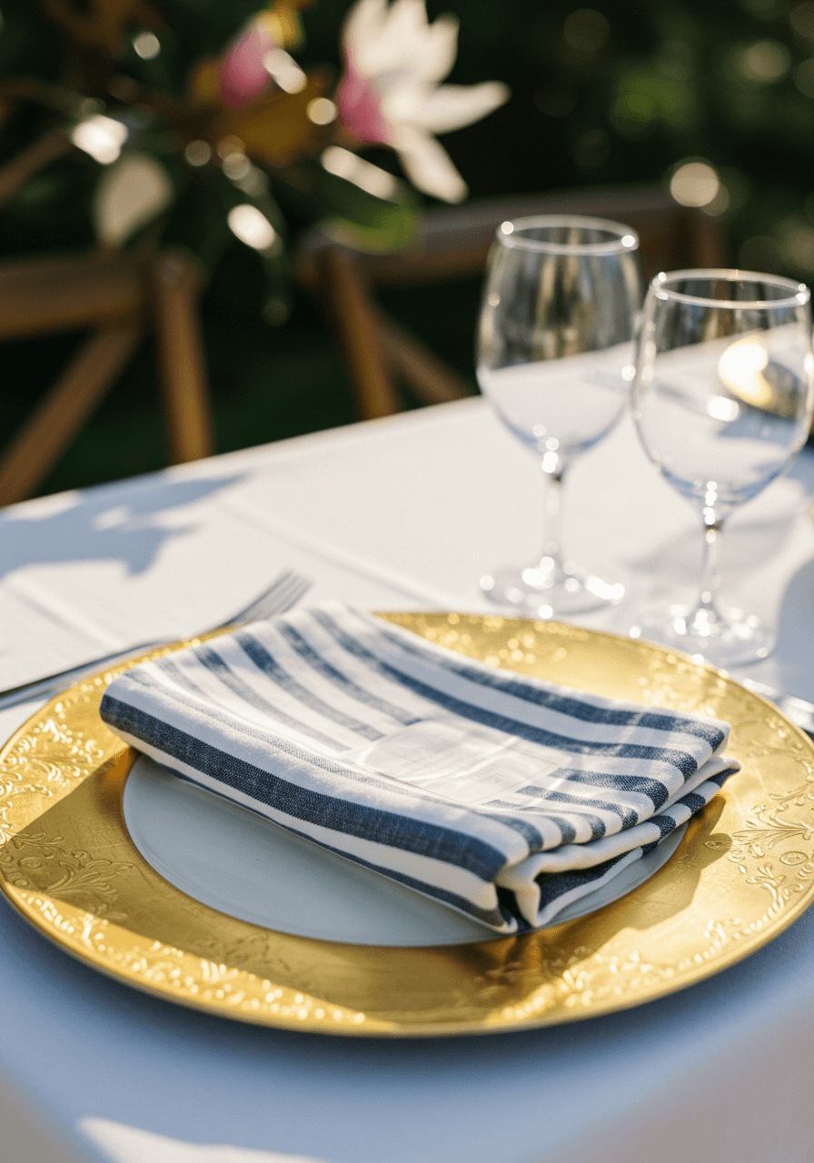 Elegant pinstripe napkin arrangement on gilded charger plate