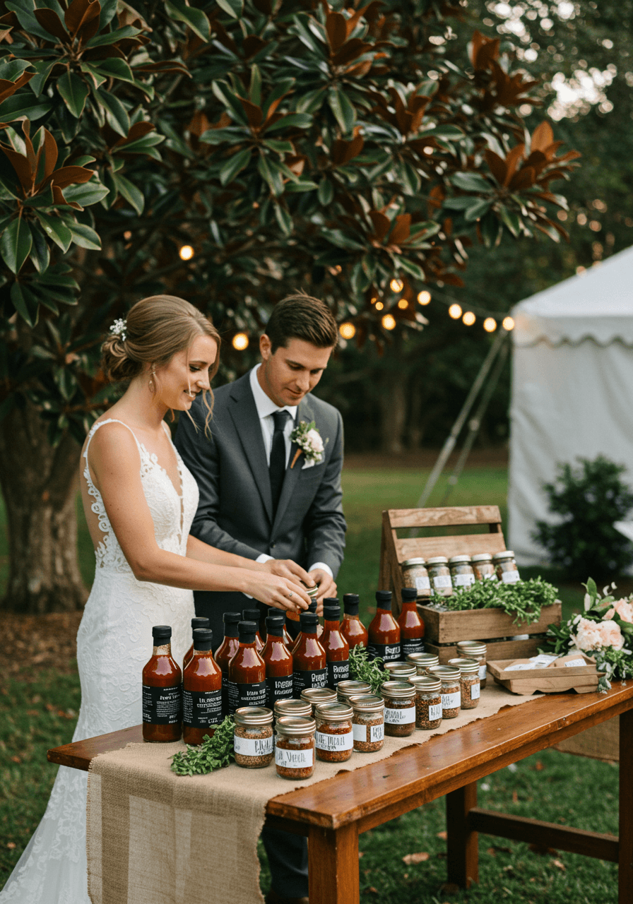 Elegant wedding favour station with artisanal BBQ products in garden setting