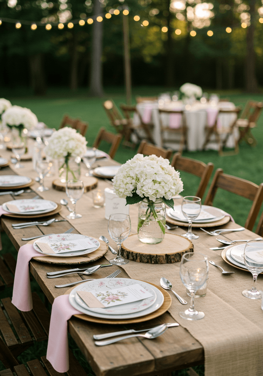 Elegant garden wedding table setting with fine china and rustic elements