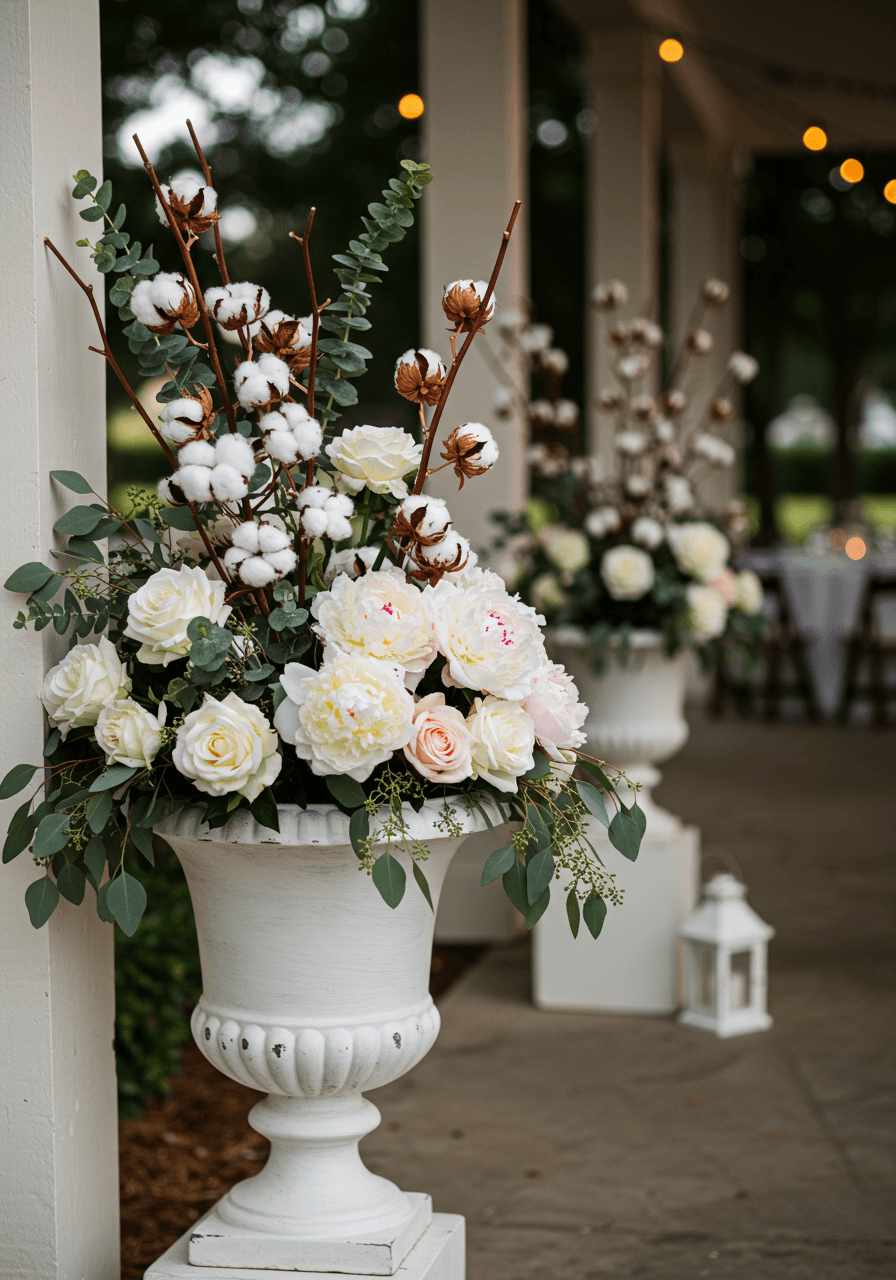 Close-up of ceramic urns filled with lush peonies and Southern foliage