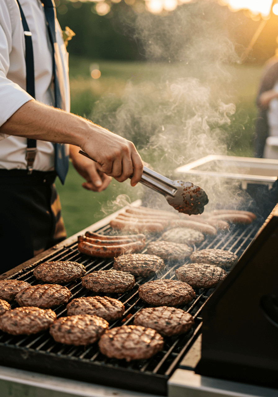 Professional grill master preparing gourmet burgers at outdoor wedding station