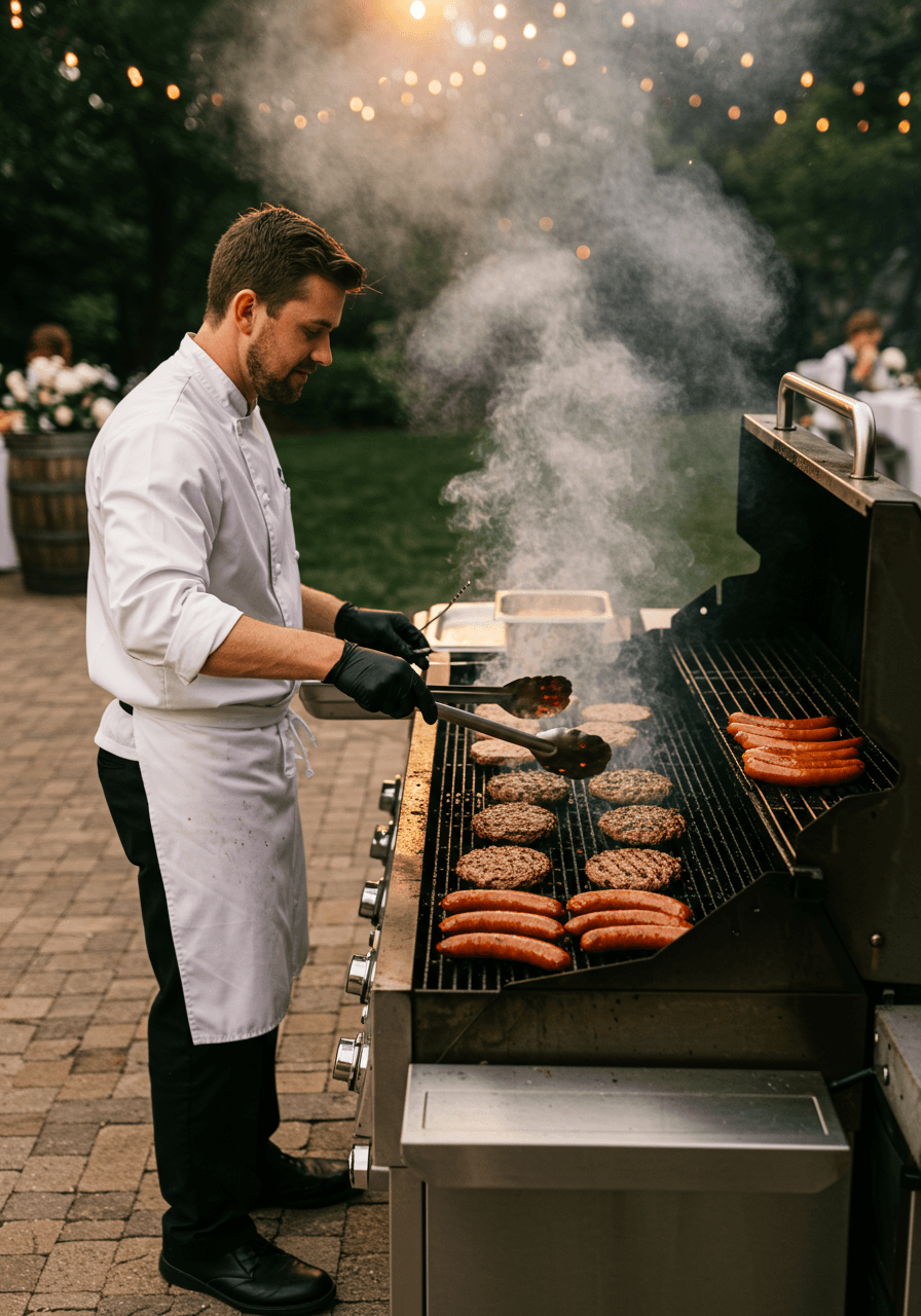 Wide shot of grill master working at elegant outdoor cooking station