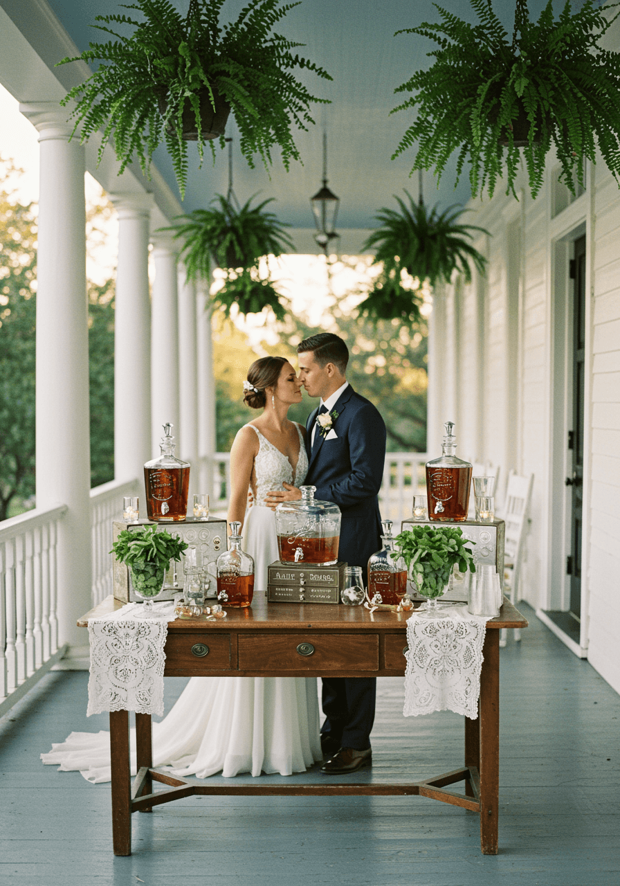 Couple sharing drinks at elegant bourbon bar on Southern plantation porch