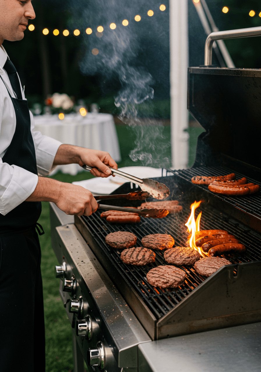 High-angle view of active grilling station during wedding reception