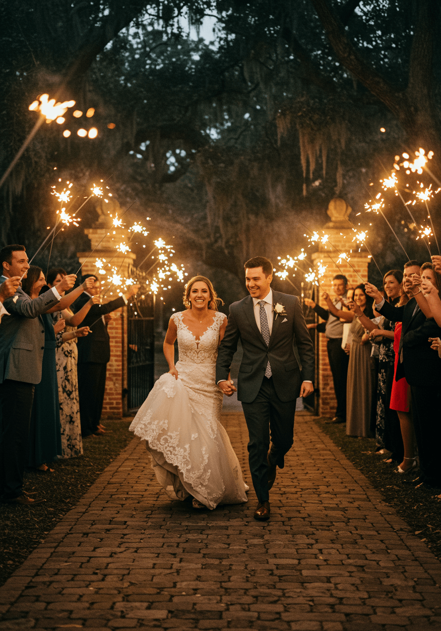 Couple running through sparkler tunnel during golden hour departure