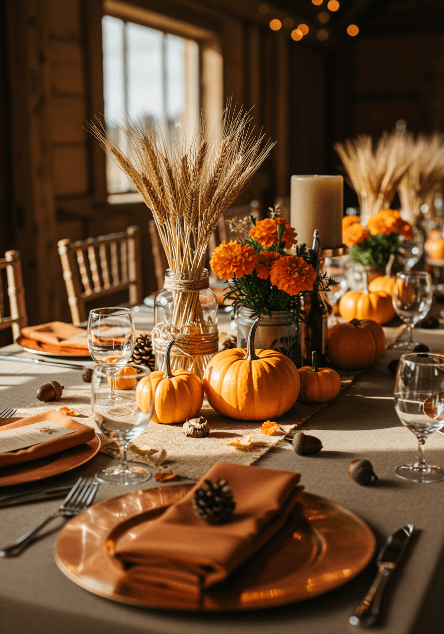 Low angle view of autumn barn wedding tablescape with harvest decorations and warm lighting