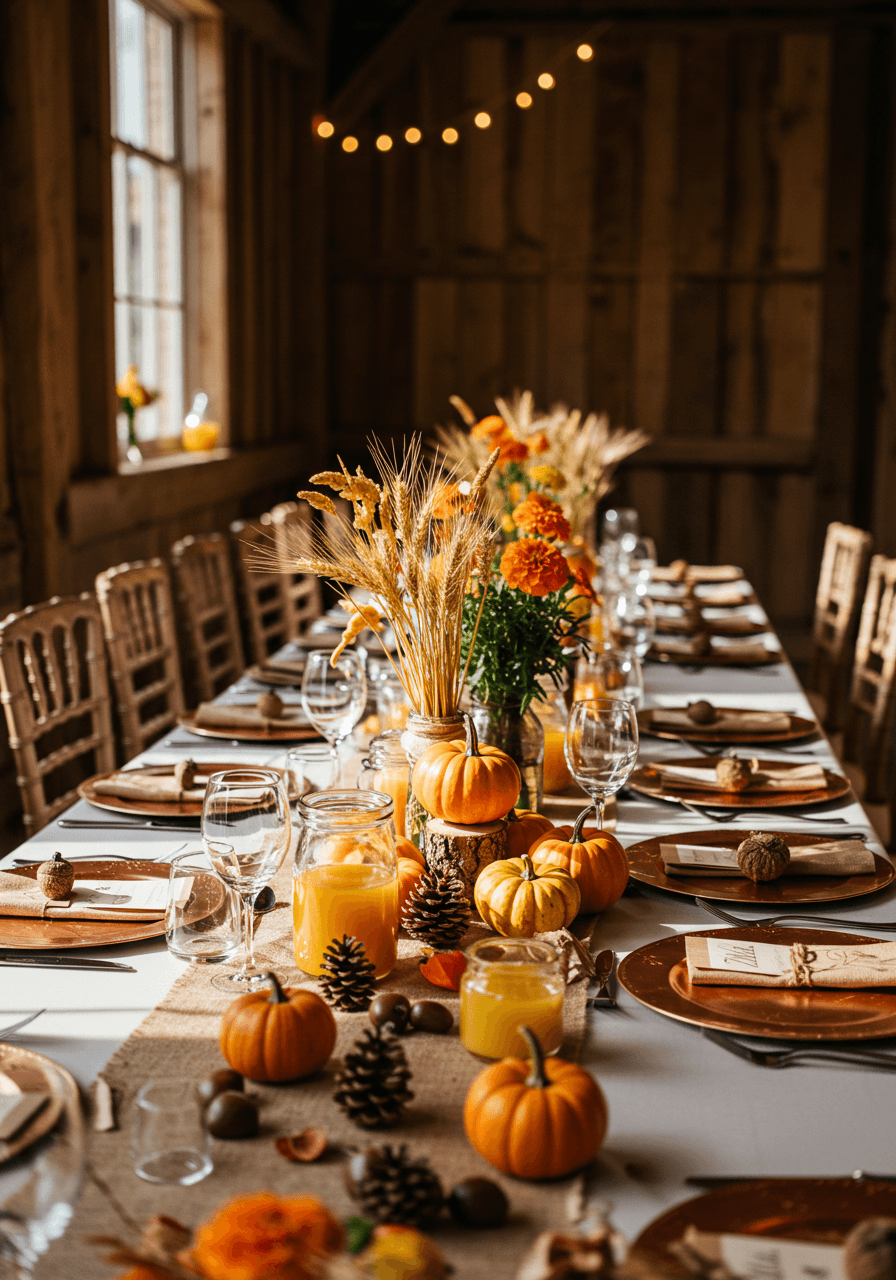 Autumn wedding breakfast table in rustic barn with miniature pumpkins and golden wheat decorations