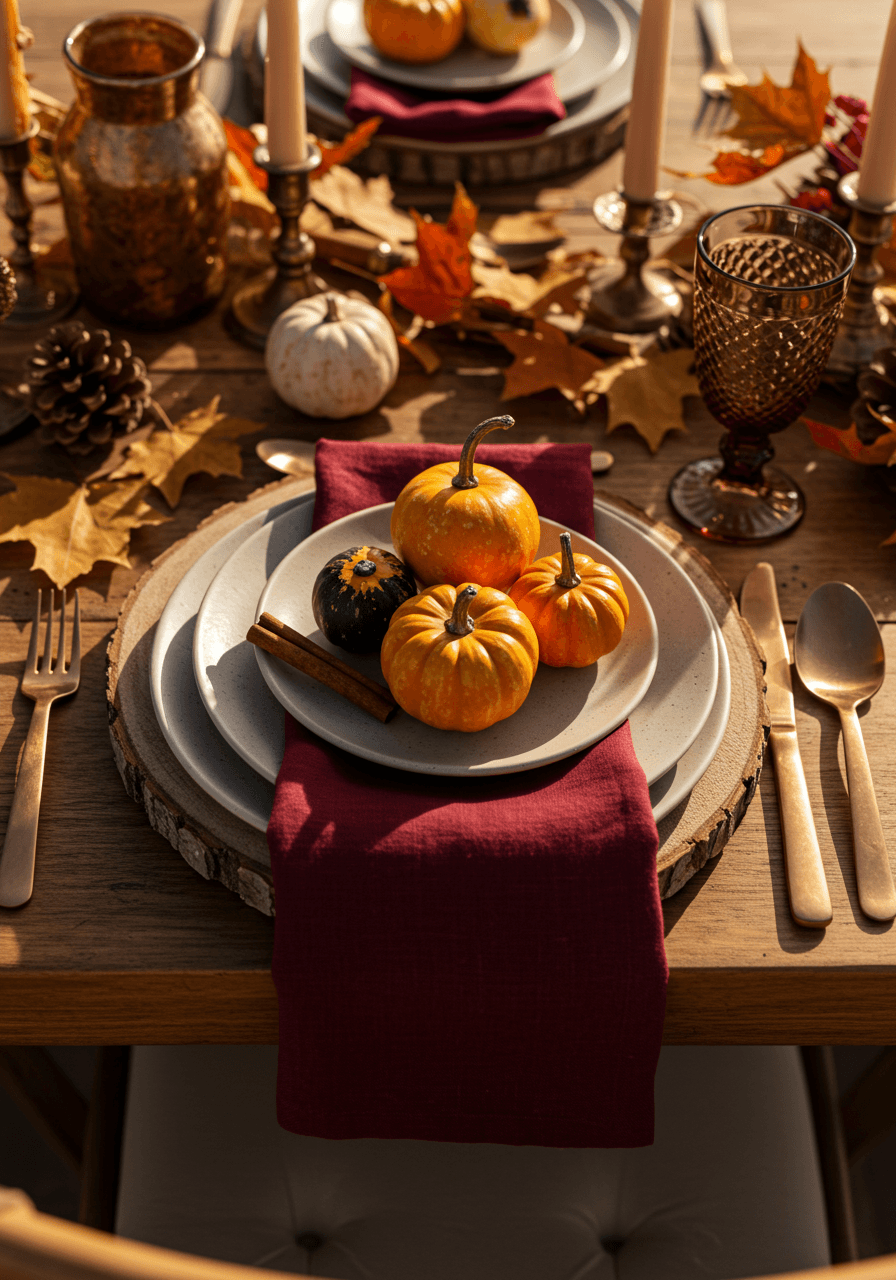 Elegant autumn place setting with decorative gourds and fall maple leaves on wooden farm table