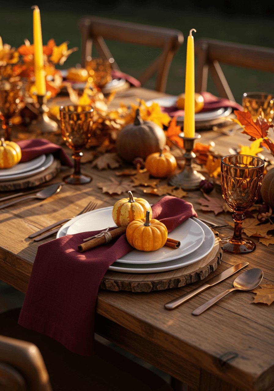 Wide view of autumn harvest wedding table with seasonal decorations and warm color palette