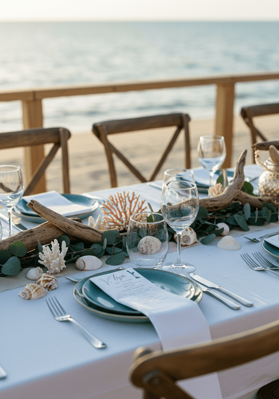 Coastal wedding table detail with jute runners and sea glass accents on wooden deck
