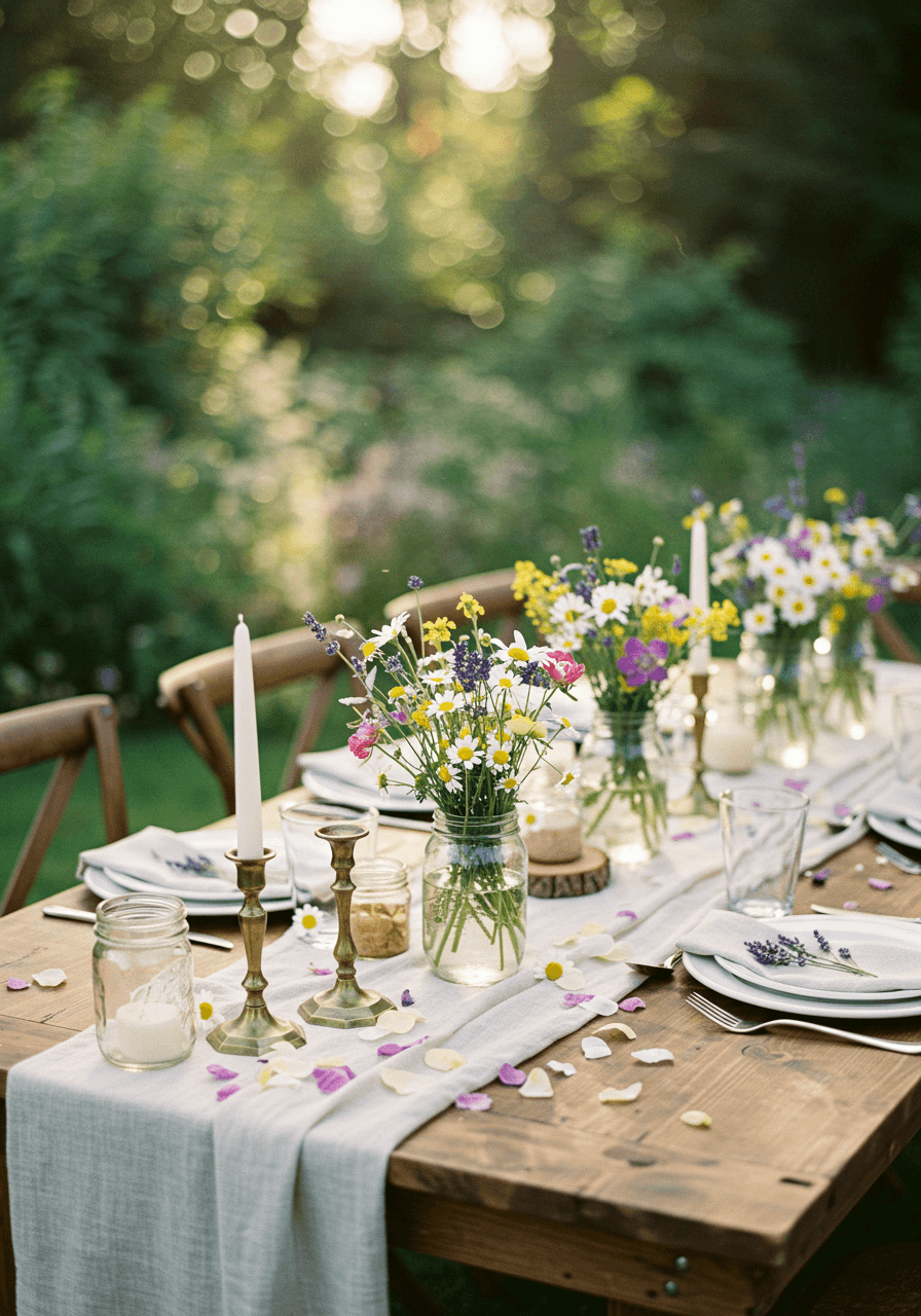 Bohemian wedding breakfast tablescape with wildflower mason jar centerpieces and vintage brass candlesticks