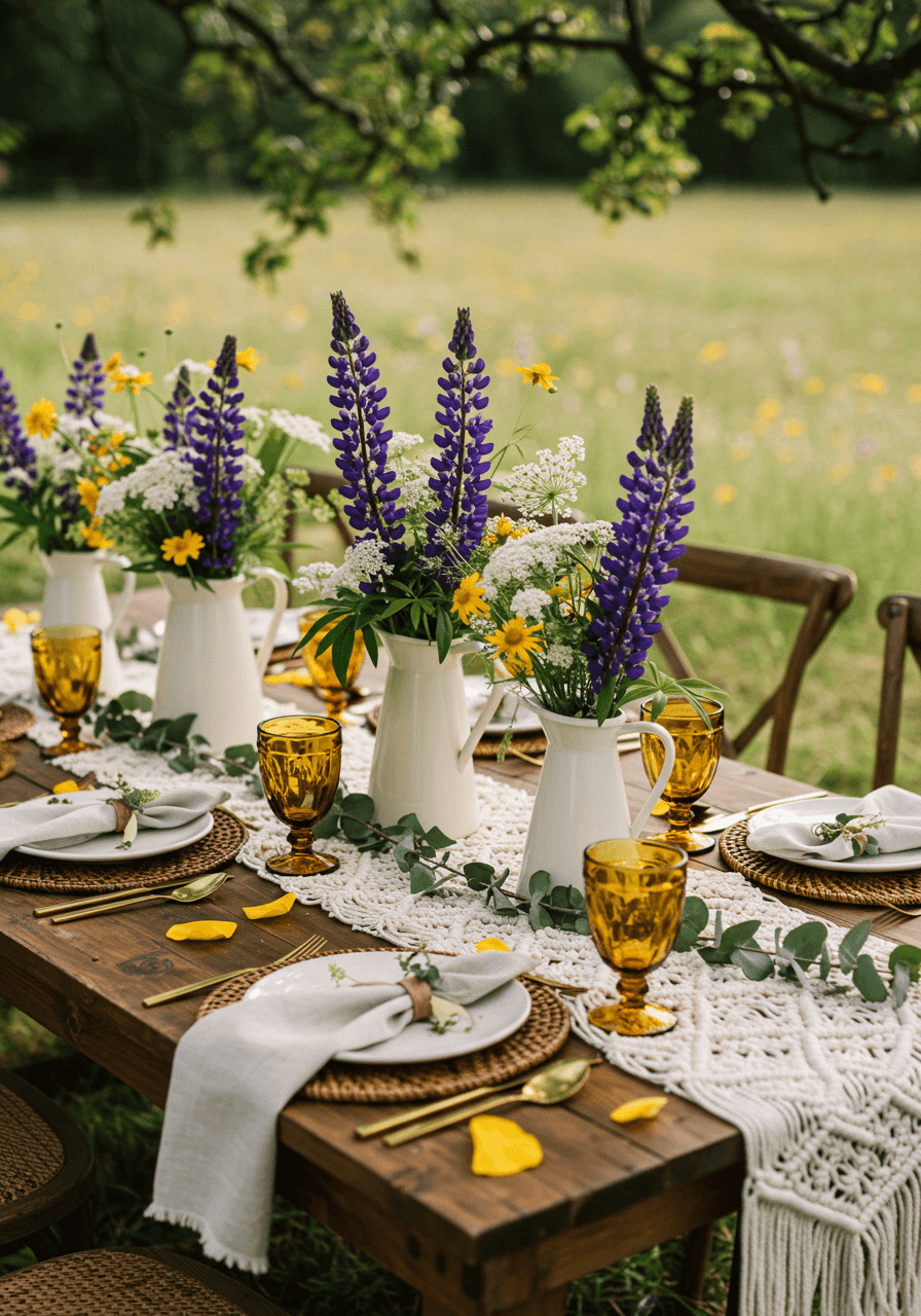 Ground-level view of bohemian wedding table with purple lupines and wildflower centerpieces