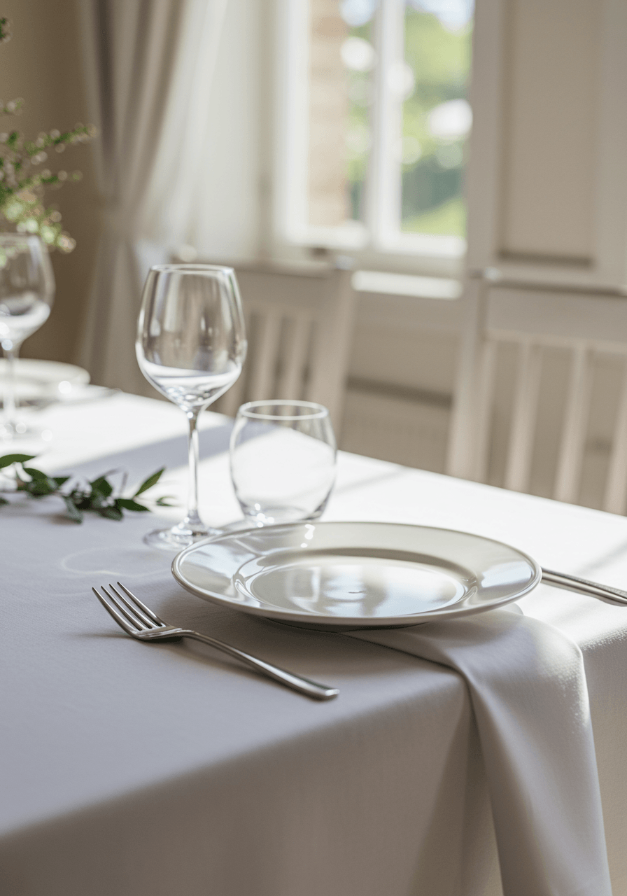 Close-up of simple white place setting on Scandinavian dining table with natural lighting
