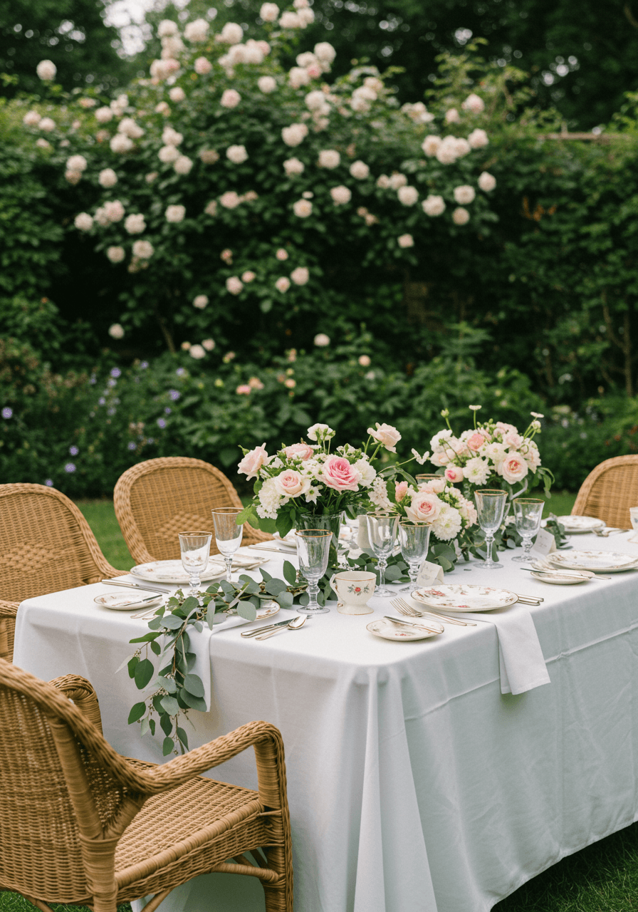 English garden wedding breakfast table surrounded by climbing roses and lush greenery