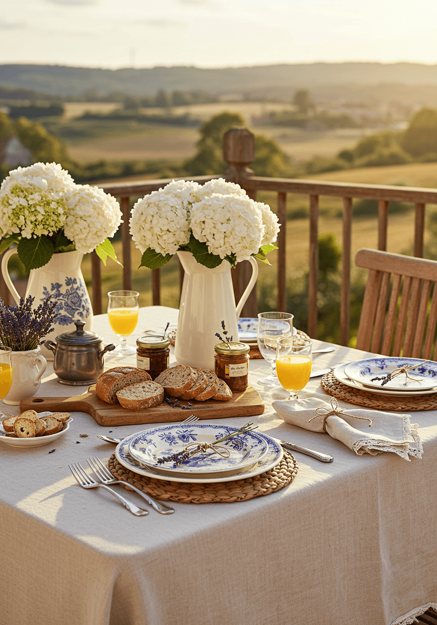 French country brunch terrace with vintage transferware and hydrangeas overlooking rolling countryside