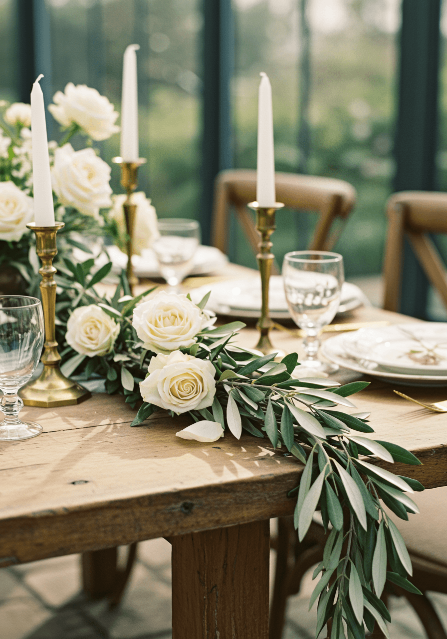Intimate conservatory brunch table with olive branch and white rose table runner and brass candlesticks