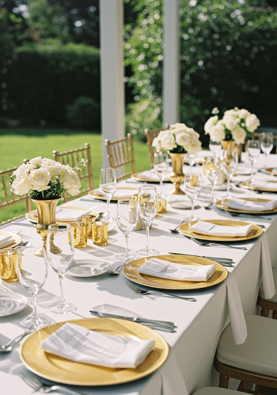 Elegant wedding breakfast tablescape with gold charger plates and crystal glassware in sunlit garden pavilion